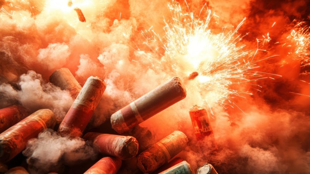 Experience the electrifying energy of a midnight festive celebration Capture the breathtaking spectacle of exploding firecrackers, illuminating the sky with bursts of light and color Witness the dazzling display of fireworks as they paint the night with their vibrant hues These images embody the joyous spirit of a new beginning AI Generative